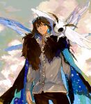  1boy animal_on_shoulder arms_at_sides arthropod_boy arthropod_limbs black_cape black_hair black_pants blanca_(fate) blue_eyes cape choroi_amachori closed_mouth cloud collared_shirt commentary_request crown dragonfly_wings facing_viewer fate/grand_order fate_(series) fur-trimmed_cape fur_trim highres insect_wings long_sleeves looking_at_animal looking_to_the_side male_focus oberon_(fate) oberon_(third_ascension)_(fate) outdoors oversized_bug pants popped_collar shirt short_hair sky standing white_shirt wings 