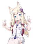  1girl animal_ear_fluff animal_ears aqua_eyes asagi501 backpack bag black_bag blonde_hair blue_one-piece_swimsuit blunt_bangs breast_pocket breasts chiharu_(masaru1309) child collared_shirt commentary_request cowboy_shot double-parted_bangs double_v drop_shadow fox_ears fox_girl grin hair_between_eyes hair_ornament hair_ribbon hands_up highres long_hair looking_at_viewer one-piece_swimsuit original parted_lips pocket randoseru red_ribbon ribbon school_swimsuit shirt short_sleeves simple_background small_breasts smile solo swimsuit thighhighs v vrchat white_background white_shirt white_thighhighs wing_collar zettai_ryouiki 