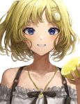  1girl absurdres bangs bare_shoulders black_ribbon blonde_hair blue_eyes blush chan1moon collarbone commentary food fruit grin hair_ornament hairclip highres holding holding_food holding_fruit hololive hololive_english jewelry looking_at_viewer monocle_hair_ornament necklace off_shoulder portrait ribbon short_hair smile solo teeth upper_body virtual_youtuber watson_amelia white_background x_hair_ornament yellow_nails 