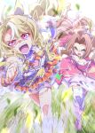  2girls absurdres ahoge animal_ears ascot bandeau bare_shoulders blonde_hair blue_eyes boots bow braid breasts brown_hair cleavage commentary_request curtained_hair detached_sleeves dress ear_bow ear_covers fusaichi_pandora_(assorted_cuteness)_(umamusume) fusaichi_pandora_(umamusume) hair_between_eyes hair_ornament half_up_half_down_braid highres horse_ears horse_girl horse_tail kawakami_princess_(princess_of_pink)_(umamusume) kawakami_princess_(umamusume) large_breasts long_hair mismatched_ear_covers multiple_girls open_mouth pink_ascot pink_boots pink_dress pink_sleeves red_eyes running skirt sleeveless sleeveless_dress tail teeth thighhighs twintails umamusume upper_teeth_only white_bandeau white_thighhighs wrist_cuffs zukki_(bijitaru) 