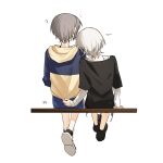  2girls bang_dream! bang_dream!_it's_mygo!!!!! black_shirt black_shoes blue_hoodie commentary_request from_behind grey_hair highres hood hood_down hoodie kaname_raana korean_commentary kudo_404nf layered_sleeves long_sleeves multiple_girls shirt shoes short_hair short_over_long_sleeves short_sleeves simple_background sitting takamatsu_tomori two-tone_hoodie white_background white_hair white_shirt yellow_hoodie yuri 