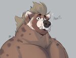  2021 anthro black_nose brown_body brown_fur brown_hair fur fur_markings gnoll grey_background hair hi_res hyena looking_at_viewer male mammal markings minedoo minedoo_(character) simple_background solo tusks white_body white_fur 