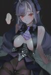  ... 1girl ai-assisted arm_support black_nails black_pantyhose blush breast_curtains breasts commentary_request fingernails highres long_hair looking_at_viewer medium_breasts mole mole_under_eye multicolored_hair nail_polish pantyhose pointy_ears poki_(j0ch3fvj6nd) purple_skirt red_eyes sitting skirt solo spoken_blush spoken_ellipsis streaked_hair vivian_banshee white_hair white_streaks zenless_zone_zero 
