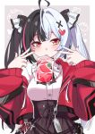  1girl absurdres aqua_nails black_hair black_skirt cardigan commentary_request hair_ornament heart heart_hair_ornament highres juice lacrimosa_(nte) long_hair looking_at_viewer mouth_hold multicolored_hair multicolored_nails nail_polish nazuki_aki neverness_to_everness red_cardigan red_eyes red_hair red_nails shirt skirt solo split-color_hair tomato_juice twintails white_background white_hair white_shirt x_hair_ornament 