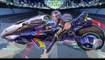  1girl alice_gear_aegis an-chang ass blue_eyes blush bodysuit boots breasts car closed_mouth commentary_request gloves highres leotard long_hair looking_at_viewer medium_breasts motor_vehicle motorcycle nikitou_kanade purple_hair race_vehicle riding science_fiction smile solo v-shaped_eyebrows vehicle_focus 
