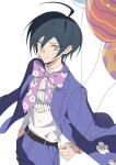  1boy absurdres ahoge balloon black_hair blue_jacket bow bowtie brown_eyes buttons closed_mouth collared_shirt commentary cowboy_shot danganronpa_(series) danganronpa_v3:_killing_harmony easter eyelashes from_above hair_between_eyes hand_in_pocket highres holding holding_balloon jacket jacket_on_shoulders long_sleeves looking_at_viewer male_focus official_alternate_costume pants saihara_shuichi shirt short_hair simple_background smile solo standing ttegi_(ddeck_dg) untranslatable_commentary white_background 