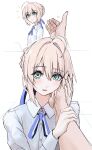  1girl 1other absurdres ahoge artoria_pendragon_(fate) blonde_hair blue_bow blue_ribbon blush bow braid braided_bun buttons collared_shirt commentary_request fate/stay_night fate_(series) from_side green_eyes hair_between_eyes hair_bow hair_bun hand_up hands_up highres holding_another's_wrist huge_ahoge long_sleeves looking_at_viewer multiple_views neck_ribbon notice_lines notonaon open_mouth other_with_female pov ribbon saber_(fate) shirt short_hair sidelocks simple_background smile solo_focus teeth upper_body white_background white_shirt wide_hips 