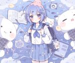  1girl :< analog_clock backpack bag bag_charm bird blue_background blue_bag blue_necktie blue_sailor_collar blue_skirt blunt_bangs blush book bow cat cellphone center-flap_bangs charm_(object) chat_log clock closed_mouth commentary cowboy_shot duck fish fish_hair_ornament grid_background hair_ornament hairclip heart highres hinase01 holding_strap long_sleeves miniskirt necktie octopus open_book original pen phone plaid_bow pleated_skirt sailor_collar school_uniform serafuku sidelocks skirt solo standing star_(symbol) star_hair_ornament submarine untranslatable_commentary watercraft watermark z_hair_ornament zipper 