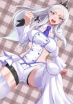  1girl bike_shorts blue_necktie clenched_hands commentary_request detached_collar detached_sleeves eri_(pokemon) eyelashes grey_eyes grey_hair hand_up highres kikyouta long_hair necktie open_mouth pokemon pokemon_scarlet_and_violet solo spread_legs teeth thighhighs upper_teeth_only white_thighhighs 