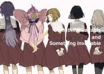  524ryo 5girls ahoge anyoji_hime aqua_neckerchief arms_behind_head black_pantyhose black_ribbon bob_cut brown_dress ceras_yanagida_lilienfeld commentary dress english_text facing_away from_behind grey_hair hair_ribbon hasu_no_sora_school_uniform highres hood hood_down inverted_bob jacket jellyfish_cut kachimachi_kosuzu katsuragi_izumi long_sleeves looking_back love_live! love_live!_hasu_no_sora_jogakuin_school_idol_club momose_ginko multi-tied_hair multiple_girls neckerchief pantyhose pink_jacket ponytail ribbon sailor_collar sailor_dress school_uniform short_hair virtual_youtuber white_sailor_collar winter_uniform yellow_neckerchief 