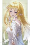  1girl arms_behind_back bangs blonde_hair blue_eyes blunt_bangs blurry blurry_background blush breasts commentary crying crying_with_eyes_open dress furrowed_brow half-closed_eyes happy_tears highres long_hair looking_at_viewer looking_back medium_breasts open_mouth pointy_ears princess_zelda shuri_(84k) sidelocks smile solo straight_hair tears the_legend_of_zelda the_legend_of_zelda:_skyward_sword upper_body white_dress 