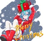  1girl alternate_costume aqua_eyes aqua_hair arms_up asagi501 boots breasts brown_gloves christmas christmas_present closed_mouth collared_jacket commentary_request double-parted_bangs floating full_body fur-trimmed_boots fur-trimmed_headwear fur-trimmed_jacket fur-trimmed_sleeves fur_trim gift gloves grey_background hair_between_eyes hair_ornament hairclip hat holding holding_above_head holding_gift impossible_clothes impossible_jacket jacket knee_boots light_smile long_sleeves medium_breasts medium_hair merry_christmas messy_hair neck_mistletoe pom_pom_(clothes) red_boots red_hat red_jacket sinon snowing solo split_mouth sword_art_online white_background white_fur 
