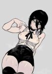  1girl amaya_5321 bare_shoulders black_choker black_hair black_ribbon black_shorts black_thighhighs blush breasts chainsaw_man choker collared_shirt covered_nipples green_eyes hair_between_eyes highres looking_at_viewer medium_breasts neck_ribbon nipples reze_(chainsaw_man) ribbon see-through_clothes shirt shirt_tucked_in short_shorts shorts side_slit side_slit_shorts simple_background sleeveless sleeveless_shirt smile solo sweat thighhighs thighs variant_set wet wet_clothes white_background white_shirt 