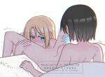  2girls bed_sheet bite_mark black_hair blonde_hair blue_eyes breasts commentary_request groin hands_on_another's_thighs hickey kamikoshi_sorawo kgr_1622 kneeling lipstick_mark long_hair medium_hair multiple_girls nipples nishina_toriko on_bed small_breasts transparent_hand urasekai_picnic yuri 
