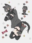  1boy animal_ear_hairband animal_ears arm_warmers barbell_piercing bdsm bit_gag black_arm_warmers black_hairband black_mask black_nails black_shorts bondage bound chibi chibi_inset commentary_request crossed_bangs dog_ear_hairband dog_ears dog_tail ear_piercing elbow_pads fake_animal_ears fake_tail gag gagged grey_background grey_hair grey_shirt grey_socks hair_between_eyes hairband highres human_dog industrial_piercing kad_0x0 knee_pads male_focus mask mouth_mask multiple_boys no_shoes original paw_print paw_socks pet_play piercing red_eyes remote_control_vibrator sex_toy shirt short_sleeves shorts socks star_(symbol) star_print tail vibrator 