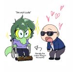 1:1 2025 anthro bald baryonyx big_tail blue_clothing blue_hoodie blue_jacket blue_topwear bottomwear cavemanon_studios chibi clothing dialogue digital_drawing_(artwork) digital_media_(artwork) dinosaur disability duo english_text eyelashes eyewear female footwear freckled_face freckles green_body green_hair green_scales grey_bottomwear grey_clothing grey_eyes grey_pants hair heart_symbol hi_res hoodie human i_wani_hug_that_gator inco_(iwhtg) jacket light-skinned_male light_body light_skin long_tail male mammal olivia_halford pants paraplegic pixel_(artwork) prehistoric_species reptile saurischian scales scalie shoes short_hair simple_background sitting slippers snout spinosaurid spurdo sunglasses tail text theropod topwear vehicle wheelchair white_background yellow_sclera yonstar_studios