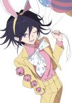  1boy absurdres animal_ear_hairband animal_ears balloon black_hair bow bowtie collared_shirt commentary cowboy_shot danganronpa_(series) danganronpa_v3:_killing_harmony easter eyelashes fake_animal_ears flipped_hair from_above hair_between_eyes hairband hand_in_pocket highres holding holding_balloon jacket long_sleeves looking_at_viewer male_focus official_alternate_costume oma_kokichi one_eye_closed open_clothes open_jacket open_mouth pants pink_shirt purple_eyes purple_hair rabbit_ear_hairband rabbit_ears shirt short_hair simple_background smile solo standing suit teeth ttegi_(ddeck_dg) untranslatable_commentary white_background yellow_suit 
