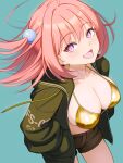  1girl :d absurdres adapted_costume ahoge aqua_background bikini blush breasts brown_shorts cleavage collarbone commentary_request cowboy_shot eyelashes floating_hair from_above gold_bikini green_jacket hair_between_eyes hair_bobbles hair_ornament hands_in_pockets highres hood hood_down hooded_jacket jacket large_breasts long_hair looking_at_viewer minamoto_natsuki nukigee_mitai_na_shima_ni_sunderu_watashi_wa_dou_surya_ii_desu_ka? one_side_up open_clothes open_jacket open_mouth pink_hair purple_eyes purple_pupils short_shorts shorts sidelocks simple_background skindentation smile solo susuko_(nukitashi) swimsuit 