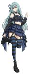  1girl aqua_hair arm_at_side black_boots black_garter_straps black_shirt black_sleeves blue_ribbon blue_skirt boots bow choppy_bangs closed_mouth collar commentary_request crop_top cropped_shirt detached_sleeves expressionless fingernails frilled_shirt frills full_body garter_straps grey_collar hair_ribbon hand_up highres kotonoha_aoi lace-trimmed_skirt lace-up_boots lace_trim layered_skirt leg_up long_hair long_sleeves looking_at_viewer mazical007 midriff miniskirt navel pink_background ribbon shirt shirt_bow simple_background skirt sleeveless sleeveless_shirt solo standing standing_on_one_leg straight_hair striped_clothes striped_thighhighs thighhighs voiceroid white_background zettai_ryouiki 