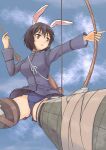  1girl animal_ears black_hair blue_one-piece_swimsuit blush bow_(weapon) brave_witches breasts commentary_request flying highres keicha_(kmoekaki) large_breasts military_uniform one-piece_swimsuit open_mouth rabbit_ears red_eyes shimohara_sadako short_hair sky smile solo striker_unit swimsuit weapon world_witches_series 
