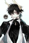  1boy alternate_costume amongus520 black_shirt closed_mouth commentary dan_heng_(honkai:_star_rail) english_commentary grey_eyes headset highres honkai:_star_rail honkai_(series) horns long_pointy_ears long_sleeves male_focus multicolored_hair pointy_ears shirt solo upper_body white_background yellow_horns zipper 