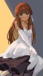  1girl absurdres bare_shoulders blush breasts brown_eyes brown_hair dark-skinned_female dark_skin dress elbow_gloves fate/strange_fake fate_(series) gloves highres long_hair looking_at_viewer marumai medium_breasts open_mouth solo tine_chelc white_dress white_gloves 