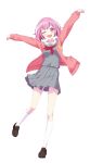  1girl :d ;d arms_up blunt_bangs bob_cut breasts brown_shoes buttons cardigan clenched_hands collarbone colorful_palette commentary dot_nose double_horizontal_stripe english_commentary full_body game_asset grey_serafuku grey_skirt hair_flaps happy kneehighs light_blush loafers looking_at_viewer medium_hair midriff_peek miniskirt miyamasuzaka_girls'_academy_school_uniform neckerchief official_art one_eye_closed ootori_emu open_cardigan open_clothes open_mouth pink_cardigan pink_eyes pleated_skirt pocket project_sekai red_neckerchief sailor_collar school_uniform serafuku shoes simple_background skirt small_breasts smile smiley_face socks solo standing standing_on_one_leg tachi-e third-party_source tongue transparent_background white_sailor_collar white_socks 