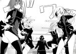  1boy 4girls arimura_hinae ass bare_elgs black_thighhighs blush chaos;child clothes_lift covering_privates cropped_jacket dress dress_lift embarrassed from_behind from_below greyscale hekiho_academy_school_uniform highres indoors kazuki_hana kurusu_nono long_hair looking_back medium_hair miyashiro_takuru monochrome multiple_girls multiple_hair_ribbons official_art onoe_serika open_mouth panties re_lucy school_emblem school_uniform science_adventure short_dress short_hair sound_effects stitched surprised telekinesis thighhighs two_side_up underwear white_panties white_thighhighs 