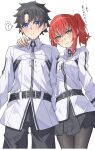  1boy 1girl ? absurdres black_hair black_skirt blue_eyes blush cosplay fate/grand_order fate_(series) fujimaru_ritsuka_(female) fujimaru_ritsuka_(female)_(cosplay) fujimaru_ritsuka_(male) fujimaru_ritsuka_(male)_(normal_chaldea_uniform) hand_on_another's_shoulder highres hippolyta_(fate) red_hair side_ponytail skirt tagme toukan translation_request yellow_eyes 