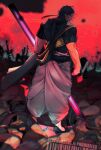 1boy absurdres baggy_pants battlefield commentary_request corpse duryodhana_(fate) en0hir0 fate/grand_order fate_(series) from_behind highres holding holding_weapon looking_back male_focus pants pile_of_corpses purple_hair red_background weapon 