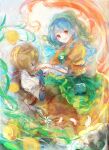  2girls apron blonde_hair blue_hair blush brown_dress commentary_request double_bun dress flower flower_request green_apron green_headscarf hair_bun haniyasushin_keiki headscarf highres joutouguu_mayumi long_hair multiple_girls open_mouth puffy_short_sleeves puffy_sleeves red_eyes shirt short_hair short_sleeves touhou uwazumi white_shirt yellow_dress yellow_eyes 