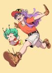 1girl 1other antennae belt blue_eyes boots brown_footwear brown_gloves dr._slump full_body glasses gloves green_hair hat highres norimaki_arale norimaki_gajira open_mouth outstretched_arms pink_hair shirt shirt_tucked_in shorts smile t-shirt teikoku_jokyoku wings 