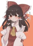  1girl absurdres ascot blush bow brown_eyes brown_hair closed_mouth commentary_request detached_sleeves frilled_bow frilled_hair_tubes frills hair_bow hair_tubes hakurei_reimu highres long_hair playing_with_own_hair red_bow red_skirt skirt skirt_set solo touhou translation_request twitter_username uzuki_(amayadori) yellow_ascot 