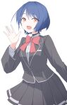  1girl :d \||/ black_jacket black_skirt blazer blue_hair bow bowtie collared_shirt cowboy_shot highres jacket junnatsu looking_at_viewer love_live! love_live!_hasu_no_sora_jogakuin_school_idol_club love_live!_hasu_no_sora_jogakuin_school_idol_club_bloom_garden_party miniskirt open_mouth orange_eyes pleated_skirt red_bow red_bowtie reisawa_aoi shirt short_hair simple_background skirt slit_pupils smile solo undershirt white_background white_shirt 