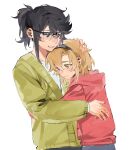  2girls aged_down black_hair black_headband blonde_hair blue_eyes cardigan glasses hand_on_another's_back hand_on_another's_head headband highres hood hoodie hug jiguang_haibao koishikawa_iko long_hair long_sleeves momijiyama_teru multiple_girls open_mouth ponytail red_hoodie semi-rimless_eyewear shirt short_ponytail shy_(series) simple_background sweatdrop teeth white_background white_shirt yellow_cardigan yellow_eyes 