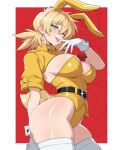  1girl animal_ears belt belt_buckle black_belt blonde_hair blue_eyes blush breasts buckle cleavage collar commentary english_commentary fake_animal_ears gloves hellsing highres jacket looking_at_viewer medium_breasts medium_hair playboy_bunny rabbit_ears rabbit_tail red_background seras_victoria short_sleeves signature simple_background skindentation smile solo sparkle standing tail thighhighs tongue tongue_out vizaz white_gloves white_thighhighs yellow_jacket 