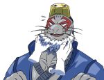  1boy beard boku_no_hero_academia closed_eyes commentary disembodied_hand diving_suit english_commentary facial_hair flying_sweatdrops furry furry_male goggles goggles_on_head hand_on_another's_cheek hand_on_another's_face neo77077 open_mouth seal_boy selkie_(boku_no_hero_academia) smile sweatdrop white_background 