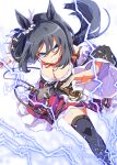  1girl animal_ears black_hair black_thighhighs blue_eyes bob_cut bodice breasts choker cleavage commentary_request detached_sleeves dirndl ear_ornament ear_ribbon ear_scrunchie eishin_flash_(meisterschaft)_(umamusume) eishin_flash_(umamusume) electricity german_clothes hair_between_eyes highres horse_ears horse_girl horse_tail large_breasts looking_at_viewer parted_lips red_choker red_skirt running scrunchie shirt short_hair skirt solo striped_clothes striped_skirt swept_bangs tail thighhighs umamusume vertical-striped_clothes vertical-striped_skirt white_scrunchie white_shirt zukki_(bijitaru) 