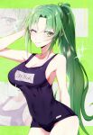  1girl ;) absurdres arm_behind_back arm_behind_head bare_shoulders black_one-piece_swimsuit blush breasts chen_yan cleavage closed_mouth collarbone commentary covered_navel cowboy_shot eyelashes eyes_visible_through_hair eyeshadow film_grain green_background green_hair hand_up highres higurashi_no_naku_koro_ni large_breasts lips long_hair makeup one-piece_swimsuit one_eye_closed parted_bangs ponytail red_eyeshadow school_swimsuit sidelocks simple_background slit_pupils smile solo sonozaki_mion sparkle split_mouth swimsuit very_long_hair zoom_layer 