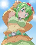 1girl armpits belt blush breasts cropped_jacket from_below goggles goggles_on_head gokaku180 green_belt green_eyes green_hair gumi headset highres jacket looking_at_viewer navel orange_jacket see-through_clothes short_hair solo vocaloid wavy_mouth 