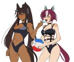  2girls abs animal_ears ball bare_shoulders beachball black_choker black_hair black_one-piece_swimsuit blue_eyes blush boro^2 breasts brown_hair casual_one-piece_swimsuit choker closed_eyes closed_mouth collarbone commentary dark-skinned_female dark_skin earrings english_commentary eyepatch food hair_between_eyes hair_over_one_eye highres holding holding_ball holding_beachball holding_food holding_popsicle horse_ears horse_girl horse_tail jewelry large_breasts long_hair medium_breasts melting_popsicle multicolored_hair multiple_girls navel one-piece_swimsuit open_mouth ponytail popsicle short_hair single_earring sketch stomach streaked_hair swimsuit symboli_kris_s_(umamusume) tail tanino_gimlet_(umamusume) teeth umamusume white_hair 