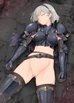  1girl armor armored_boots armored_legwear belt belt_buckle black_armor black_hairband black_knightess_(kirishima_satoshi) boobplate boots breastplate brown_gloves buckle cape cleft_of_venus closed_eyes commentary_request cracked_armor elbow_gloves gauntlets gloves greaves grey_hair hairband kirishima_satoshi knight leg_armor lying navel on_back original pauldrons poleyn pussy short_hair shoulder_armor solo unconscious underwear vambraces 