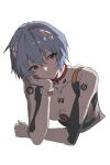  1girl artist_name ayanami_rei blue_hair bodysuit bolt_(hardware) breasts covered_collarbone crossed_bangs eyelashes hair_between_eyes half-closed_eyes hand_on_own_face hand_up headset highres interface_headset_(evangelion) looking_at_viewer mecha_pilot_suit neon_genesis_evangelion number_print plugsuit_(evangelion) red_eyes ru_neko_ru short_hair simple_background small_breasts solo upper_body white_background white_bodysuit 