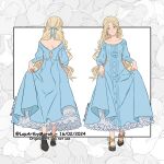  1girl absurdres alma_prisma_(lopartbymarah) black_shoes blonde_hair blue_dress blue_eyes blue_ribbon braid breasts buttons collarbone commission dated dress english_text frilled_skirt frills from_behind full_body gold_ribbon hair_ribbon half_up_braid highres holding_own_skirt light_smile long_hair looking_at_viewer lopartbymarah multiple_persona off-shoulder_dress off_shoulder original parted_bangs petticoat ribbon ribbon_shoes rwby shoes shoulder_blades signature skirt smile solo white_dress 