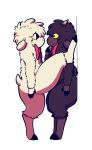2_horns anthro astonarts big_butt black_body black_eyes black_fur black_hooves blush bovid bow_only butt caprine digitigrade duo eye_contact fingers fur goat grey_body grey_fur hair hi_res hooved_fingers hooves horizontal_pupils horn kabedon looking_at_another male mammal nil_(astonarts) null_(astonarts) on_one_leg pupils raised_hand raised_leg red_bow sheep side_view simple_background standing tan_horn thick_thighs white_background white_body white_fur white_hair wool_(fur) yellow_sclera