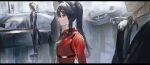  1girl 3others absurdres animal_ears arknights black_hair car commentary_request green_neckwear ground_vehicle highres huge_filesize letterboxed long_hair motor_vehicle multicolored_hair multiple_others nanaponi necktie official_alternate_costume ponytail red_hair red_shirt shirt solo_focus texas_(arknights) texas_(willpower)_(arknights) two-tone_hair upper_body wolf_ears yellow_eyes 