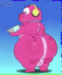 2026 absurd_res accessory anthro backsack balls big_butt biped bodily_fluids butt dinosaur electronics gameoverse genitals ghostly_danny glitch_productions gobbles_(gameoverse) headphones hi_res necktie open_mouth prehistoric_species reptile scalie slightly_chubby solo standing sweat
