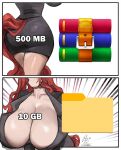 anthro big_breasts biped black_bottomwear black_clothing black_skirt black_topwear bottomwear breasts cleavage clothed clothing equid equine female hair horse huge_breasts landysh leaning leaning_forward mammal red_hair red_tail skirt tail text topwear wide_hips