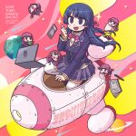  6+girls album_cover black_hair black_jacket blazer blush bow bowtie braid brown_cardigan bucket cardigan cardigan_vest cellphone clover computer cover earth_(planet) eating french_braid hair_ornament hairclip highres jacket laptop long_hair minigirl multiple_girls multiple_persona nazono_mito nijisanji notebook official_art open_mouth pen phone pink_bow pink_neckwear plaid plaid_skirt planet riyo_(lyomsnpmp) rocket rocket_ship school_uniform second-party_source skirt smartphone smile space space_craft sparkle thighhighs tsukino_mito virtual_youtuber washing_machine zettai_ryouiki 