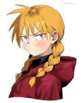  1girl absurdres blonde_hair blush closed_mouth commentary_request cropped_torso gabu_(yomi_no_tsugai) highres hood hood_down long_hair looking_at_viewer low-tied_long_hair low_twintails myaoooo pout purple_eyes slit_pupils solo sweat twintails upper_body yomi_no_tsugai 